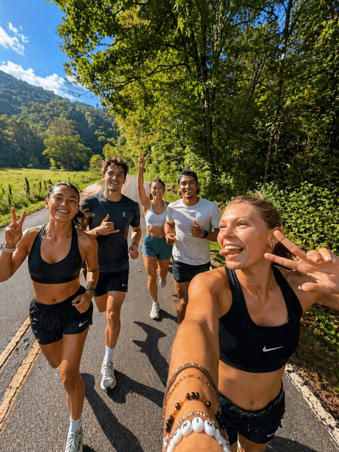 Group of female runners on a road, smiling.